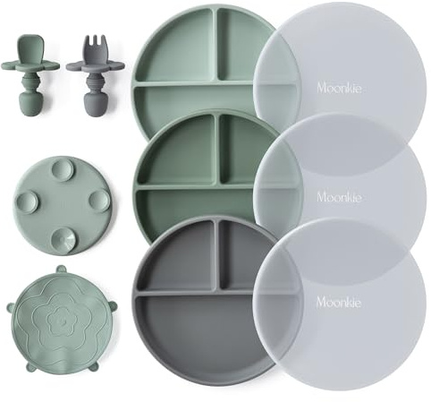 Moonkie Babytallrikar med Sug | Silikon Barnservis Set med Sked, Gaffel | Avvänjningsplattor för Baby, Barn | BPA-fri | för Diskmaskin, Mikrovågsugn | 3-Pack(Mint/Grågrön/Mångrå)