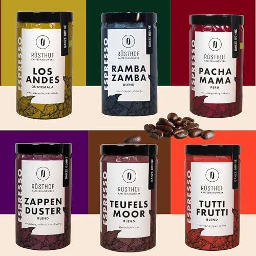 RÖSTHOF Kaffeehandwerk I Kaffeebohnen Espresso-Set groß 6 x 250g Glas, frisch und schonend von Hand geröstet, Kaffeevollautomat Kaffeemaschine Barista Kaffee Crema Bohnen Espresso Café Bean