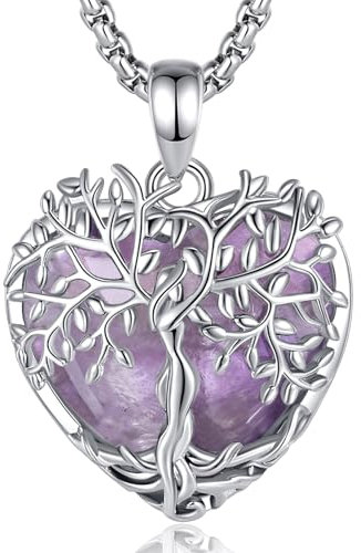 AEONSLOVE Collier Arbre de Vie Coeur Pendentif Amethyste Pierre Naturelle Femme Pendentif en Cristal de Guérison Bijoux en Améthyste Cadeau Fête des Mères