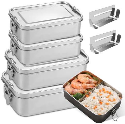 PORFOYO Juego de 4 fiambreras bento de acero inoxidable 304, fiambreras de acero inoxidable en los volúmenes 1400/850/550/550 ml, fiambrera con 2 compartimentos para sopa, ensalada y comidas restantes