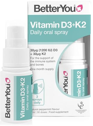 BetterYou Vitamin D3 K2 Oral Spray, Fast Acting Vitamin D 1200 IU + Vitamin K2 (MK7) Supplement, Supports Bones, Teeth, Immune System & Blood Clotting, 1-Month Supply, Natural Peppermint Flavour