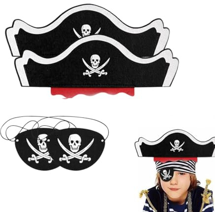 ZWWOGE Set de 2 chapeaux de pirate enfant et 2 cache-œil en feutre avec tête de mort - Taille unique pour fête