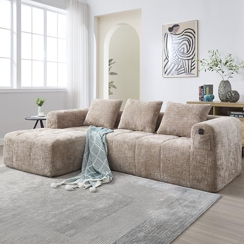 Divano angolare moderno a L con 3 cuscini, design modulare, Divano combinato a 3 posti, con tasche laterali portaoggetti, Non necessita di montaggio, Divano rivestito in tessuto ciniglia, Kaki