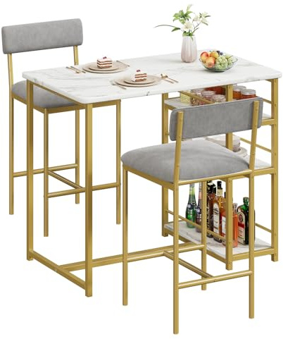RBFGYIOP Set Tavolo Bar Alto Con 2 Sgabelli Imbottiti, Set 3 Pezzi Per Spazi Piccoli, Appartamento, Design Marmo Dorato + Grigio Velluto