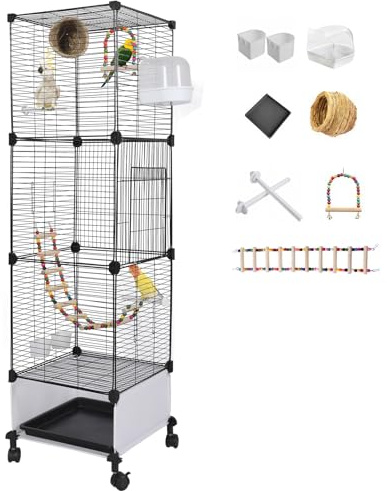 MSFE Cage Oiseaux Grande, 130x37x37cm Cage Perroquet avec roulettes, Cage Perroquet Volière Oiseaux Intérieur avec Balançoire, Perchoir, pour Perruche calopsitte Conure Pinson canaris
