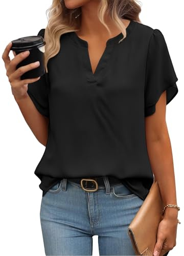 Zeagoo Blusa elegante de verano para mujer, de manga corta, de gasa, cuello en V, túnica, de malla, de doble capa