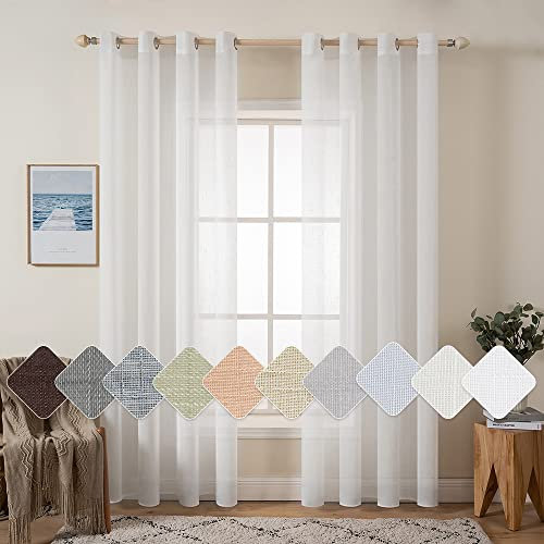 MIULEE 2 Panels Voile Curtains Sheer Cross Linen-like Solid Color Contemporary Decorative Ring Top Eyelet Panels for Bedroom LivingRoom Nursery Room 55 Wx88 L White