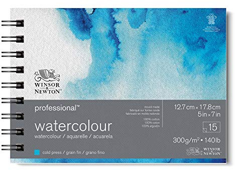 Winsor & Newton Papel de Acuarela Profesional, Grano Fino, 300gr, 100% Algodón, Blanco Natural, Libre de Ácidos, 12,7x17,8CM, Bloc en Espiral, 15 Hojas