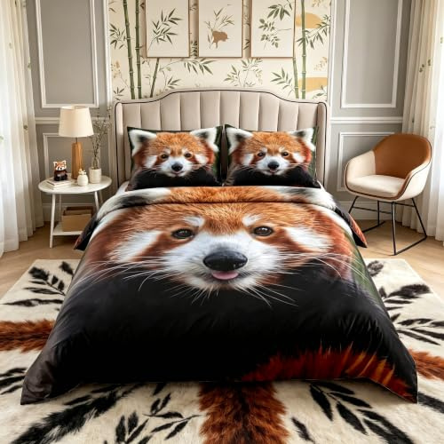 Loussiesd Red Panda Duvet Cover Cute Panda Bedding Set for Kids Boys Girls Wild Animal Decor Comforter Cover Jungle Wildlife Style Bedspread Cover Bedroom 2Pcs Single Size