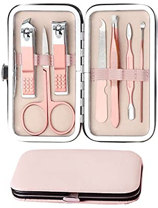 JeoPoom Maniküre Set[7 Stücke], Nagelschere, Nagelknipser Set, Nagel Schere Nagelpflege Nagelknipser Etui, Professionelle Edelstahl Pediküre Nagelknipser, Nagelpflege Werkzeuge für Reise (Rosa)