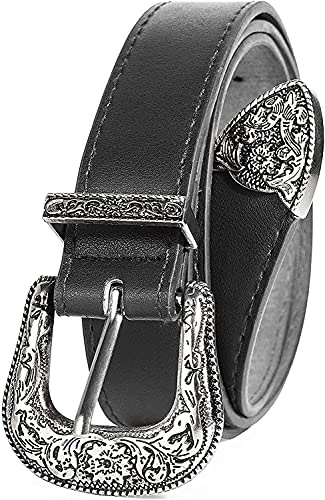 KorhLeoh Western-Cintura-per-Donna-Cowgirl, PU-Pelle-Vita-Cinture con Vintage-Scolpito-Fibbia e Punte-Estremità per Jeans Pantaloni Abiti (110 cm (vestito per vita 71-99 cm / 28-39 pollici), Nero)