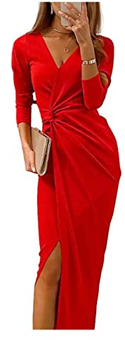 XinCDD Vestiti della Sera da Donna Abito da Cerimonia Donna Spacchi a Manica Lunga con Scollo a V Damigella Vestito Lungo Elegante Festa (M, Rosso)