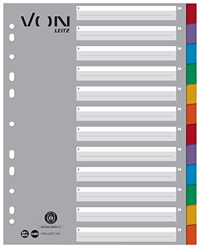 VON Leitz 10er Pack 12-teiliges Register A4, Blanko Trennblätter für Ordner, Extra breit, 100 % Recycling-Karton, 11-Loch-Universalregister, Mehrfarbig, 13010000