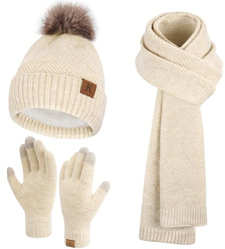 Femmes Hiver Chaud Bonnet Pompon Longue Echarpe Gants Tactiles Ensemble Tricot avec Doublure Polaire Thermique Cadeaux Noel Femme