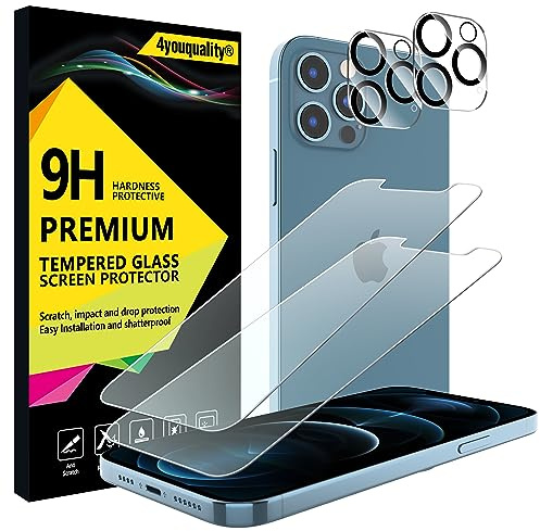 4youquality [4-in-1 Screen Protector for iPhone 12 Pro Max with Camera Lens Protector, Tempered Glass Film, 2-Pack Each, [LifetimeSupport][Impact-Resistant][Anti-Scratch][Ultra-Transparent]