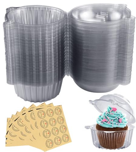 100 Pcs Individual Clear Cupcake Boxes, Slice Cheesecake Pots Storage Container Dessert Cups with Lid, Single Plastic Clear Cupcake Boxes with Stickers for Home Baking, Party, Wedding Cake Shop