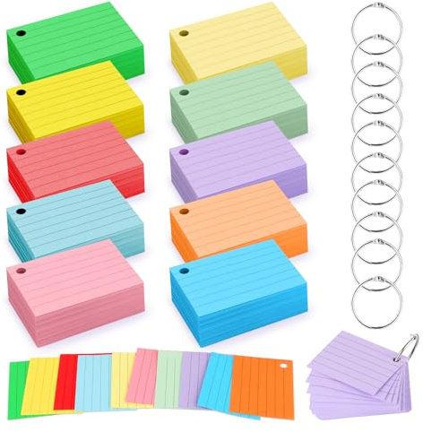 1000 Stücke A8 Karteikarten, 10 Farben Karteikarten Liniert, Flash Cards mit Binderinge, für Unterwegs Vokabel Lernen