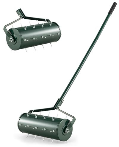 Aireador de césped, esparcidor rodante resistente de 45 cm/53 cm, herramienta para el cuidado del césped con mango de metal de 130 cm, rodillo de jardinería aireador manual para jardín, césped, patio