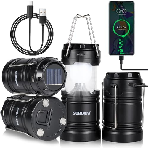 SUBOOS 4 Pack Solar Rechargeable LED Camping Lanterns, Collapsible, Compact, Tough. USB-C Cable Included