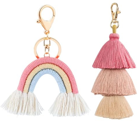 RDNKVB 2 pièces/Set Porte-clés Arc-en-Ciel, Pendentif avec Gland, Porte-clés, Tissage, pour rétroviseur de Voiture, Chambre de Fille, Chambre d'enfant, décoration de Sac à Dos (Arc-en-Ciel)