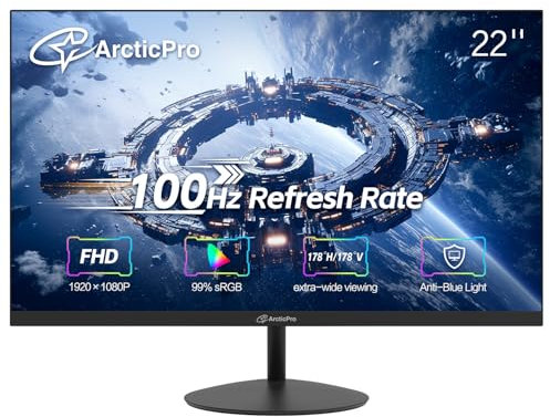 ArcticPro Monitor per computer da 22 pollici, FHD 1080p, monitor da ufficio e da gioco da 100 Hz, senza cornice a 3 lati e ultra sottile, montaggio VESA, HDMI e VGA, design luce blu