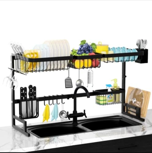 Over The Sink Dish Drainer Drying Rack,Stainless Steel Dish Dyring Rack Above Sink with Adjustable Height,Kitchen Counter Storage Shelf for Organizer Cookware,Cups,Cutting Board (33.4‘’-41.3‘’)