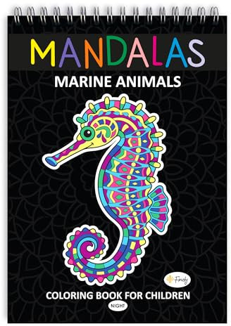 Finoly Mandala Malbuch Kinder Enstpannung und Stressabbau | Mandala Malbuch Tiere | Tier Mandala Kinder A4 Format | Mandalas für Kinder Premium Papier | Malblock Mandala Kinder | Spiralbindung (Nacht)