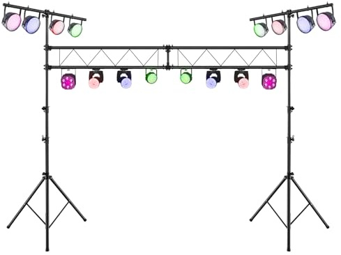 Goplus DJ Light Stand, 14FT Lighting Truss System with 32 Lights Hold 220LBS Capacity, 11-Level Adjustable Heights, T-Bar, Metal Stage Lighting Stand for Portable Audio Stage, Bar, Party, Bands