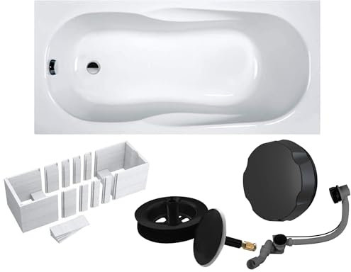 VBChome Baignoire en acrylique 140 x 70 cm blanche avec support en polystyrène et siphon noir – Moderne, durable et isolation thermique, parfaite pour la salle de bain