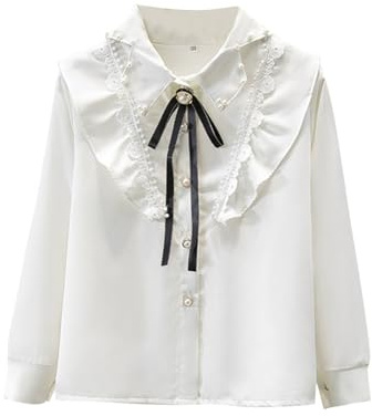 2025 Camisa Blanca Niña,Dulce y Adorable Camisas Manga Larga de Volantes Cuello Solapa Blusa con Lazo para Niñas Elegante Simple Versátil Camisetas Blanca de Encaje Uniforme Escolar 3-13 Años
