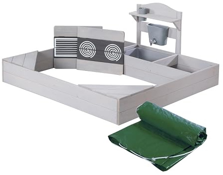 roba Sabbiera per Bambini - con Copertura - Resistente alle Intemperie - Fornelli da Cucina Stampati - con Vasche per Giocare - dai 12 Mesi in Su - in Legno Laccato - Grigio