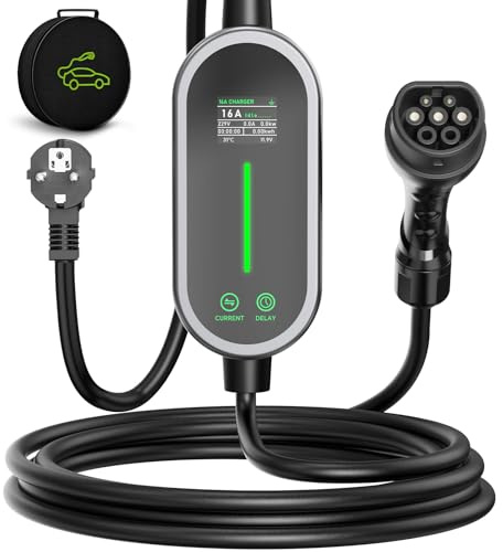 AUFYEV Cargador Coche Electrico 3,6kW 8m, 6-16A Cable Carga Coche Electrico, Cargador para Coche, Pantalla LED con Bolsa, Wallbox Portatil para EV y PHEV, IEC 62196-2, IP65