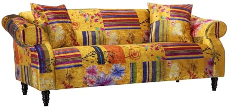 Lovesofas Gold Multicoloured Patchwork Sofa – Fabric 3 Seater Settee with Striped & Floral Panels, Crushed Velvet Finish, Modern Living Room Sofa, Solid Wood Frame