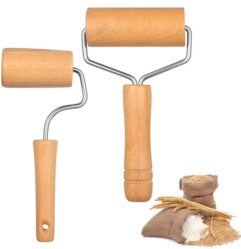 2 PcsRodillo Cocina con Manija de Madera, Rodillo Reposteria, Rodillo Repostería, Rodillos de Madera para Hornear, Rodillos Repostería para Pizza, Pastas, Postres y Arcilla Polimérica (2 tamaños)