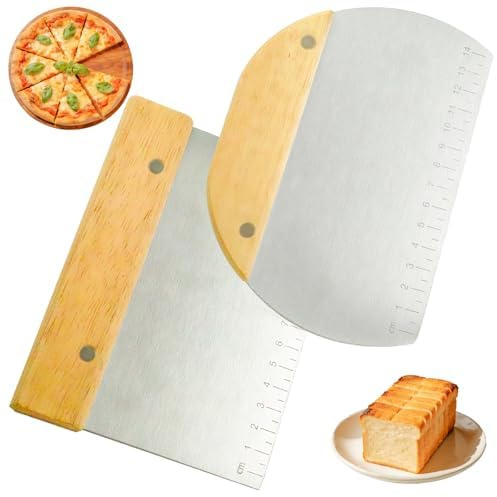 Uppsättning av 2 degskrapor i rostfritt stål med trähandtag, degkort set med halkfritt trähandtag, pizzakniv, bakverksskrapa, bänkskrapa för deg, pizza, tårta, tårta