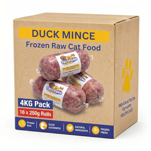 Truepaws Raw Foods Raw Cat Food Frozen Duck Mince 4kg (16 x 250g Chubs) – Natural High-Protein BARF Raw Diet for Cats | Novel Protein Frozen Pet Food, Pre-Portioned & Freezer-Friendly