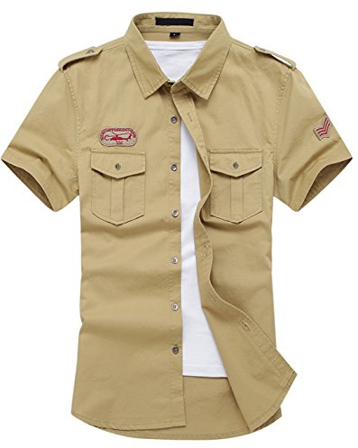 Gihuo Men's Short Sleeve Military Button Down Cargo Shirt - Khaki - Large