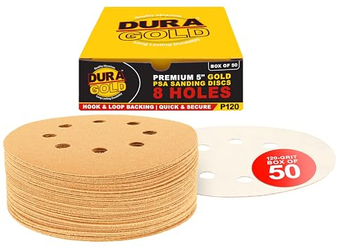 Dura-Gold Premium 120 Grit 5 Sandpaper Discs, 8 Hole Pattern Dustless, 50 Discs - Hook & Loop Backing for Orbital DA Sander, Detailing Finishing Color Sanding Automotive Paint Woodworking