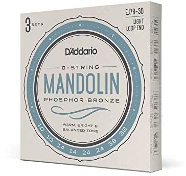 D'Addario Mandolin Strings, Phosphor Bronze, EJ73-3D, Light Gauge 10-38, 8-String Set, Pack of 3