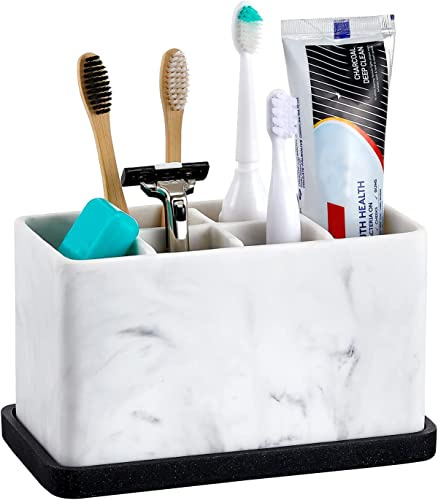 ZCCZ Porta spazzolino e dentifricio multifunzionale da banco con 6 scomparti - Organizer elettrico per bagno con porta spazzole trucco rasoio e accessori - Design marmo bianco elegante per doccia