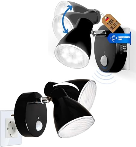 TRANGO Set med 2st LED sensor nattlampa 2635-025 *MILO* med rörelsesensor & automatisk funktion i svart säkerhetsljus direkt 230V sockellampa, vägglampa, orienteringslampa, sockellampa