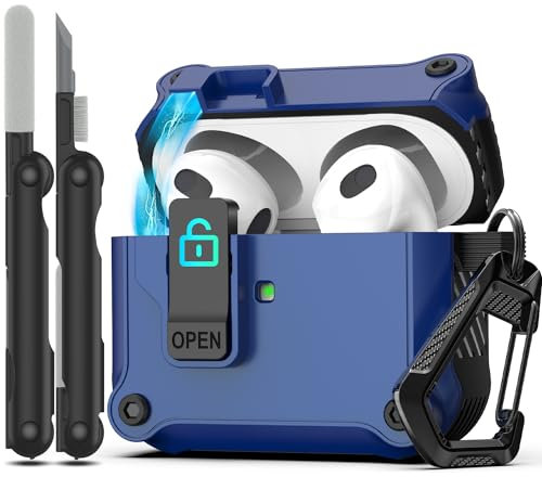 RFUNGUANGO Funda para Airpods de 3ª generación con Clip de Bloqueo Seguro, Protector de Carcasa Dura a Prueba de Golpes,Compatible con Apple AirPod de 3,Azul