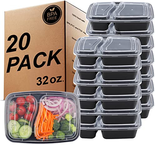 KINGHON Contenitori per alimenti con 2 scomparti,20 Pack BPA free Contenitori di plastica impilabili, riutilizzabili 32 oz Bento lunch box-Suit per microonde, freezer
