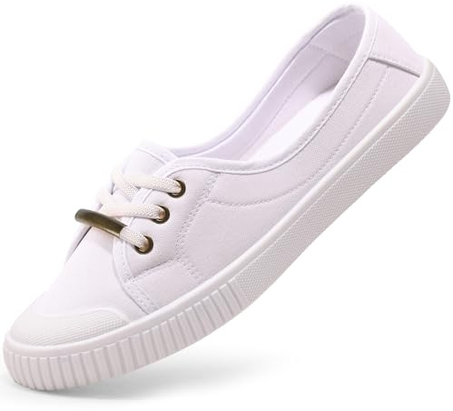 Harvest Land Womens Canvas Shoes Low Top Flat Gym Sports Pumps Trainers Lace Up Flat Ladies Girls Fashion Pumps White UK 6.5