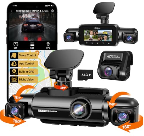 Neideso 360° Dash Cam Front and Rear Inside, 4 Channel FHD 4 * 1080P, Wi-Fi GPS Voice Control Car Camera, Front 2K+1080P*2 Dash Camera for Cars, with 64GB SD Card, Night Vision, 24H Parking Mode(N300)