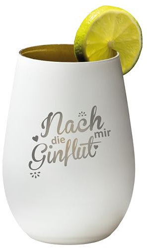 4youDesign Gin Tonic Glas mit Spruch nach mir die GINflut – Geschenk für Männer, Frauen zum Muttertag oder Vatertag – Tumbler-Party-Glas aus Kristallglas – sehr bruchsicher – Weiß-Gold – 465ml