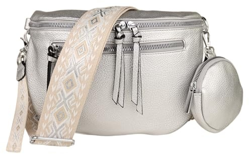 MIRROSI® Bauchtasche Damen, Veganleder 30x20x9cm, Umhängetasche, Brusttasche, Crossbody bag, Kunstleder leder, verstellbare Schulterriemen Bohemian Style (Silber)