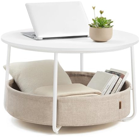 VASAGLE Coffee Table with Storage, Round Center Table for Living Room with Fabric Basket, Modern Style, Metal Frame, Matte White and Camel Brown LCT244W10