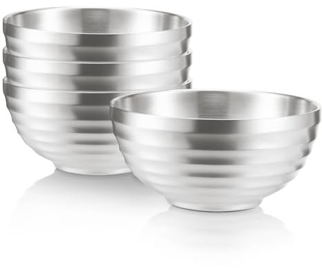 TIICOO 4 PCS 18/8 Bol en Acier Inoxydable Double Couche Isolant pour Nouilles, Soupe, Dîner, Salade, Fruits, Céréales, Snacks - Lave-Vaisselle (Argent)