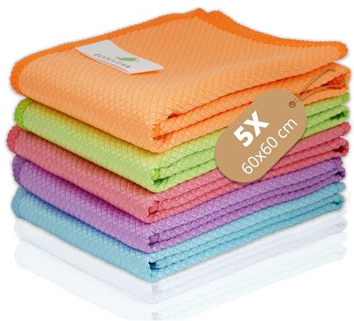EcoClean - Serpillère Microfibre - Microfibre Alvéolée - sans Traces - Ultra-Absorbant - Réutilisable - Lavable - Antibactérien - pour Voiture/Vitres/Cuisine/Salle De Bain - Lot De 5-60x60 cm